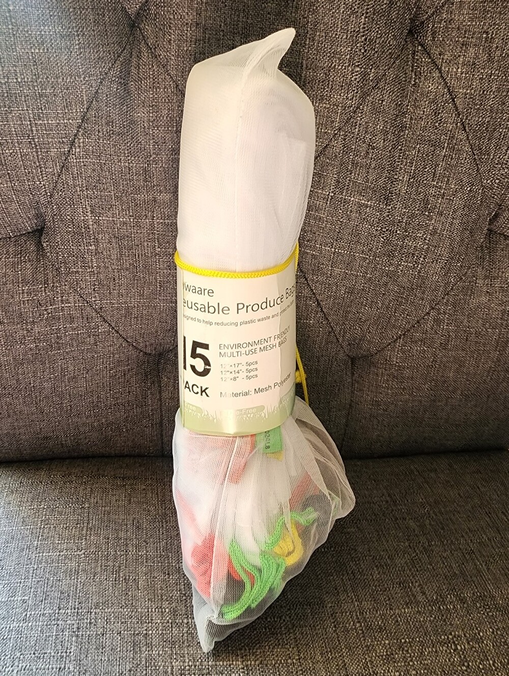 Reusable Mesh Produce Bags - 15 Pack (White Mesh with Colored Drawstrings)